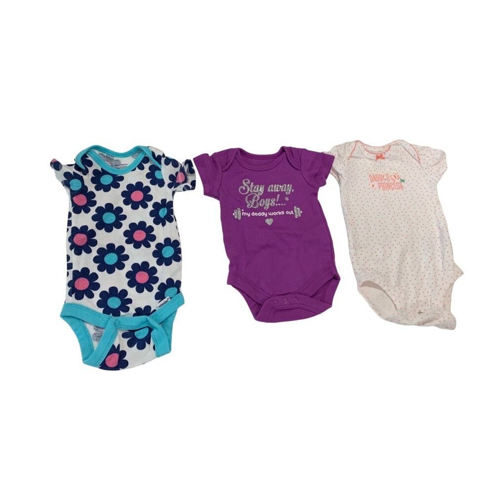 Lot of 3 Short Sleeve Bodysuit Girls Infant Baby Size 0 3 months Floral blue Pur